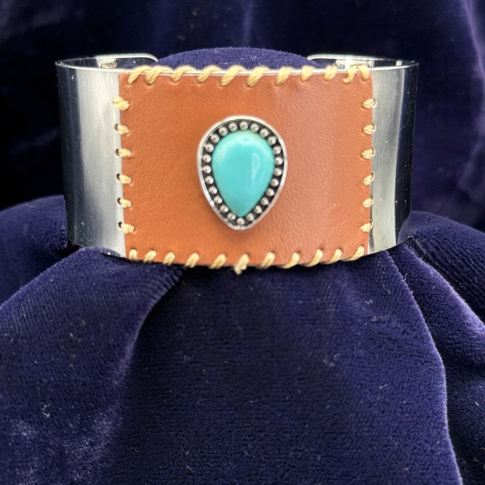 Cuff Bracelet Womens 7in Silver Brown Good Turquoise Style Leather Western